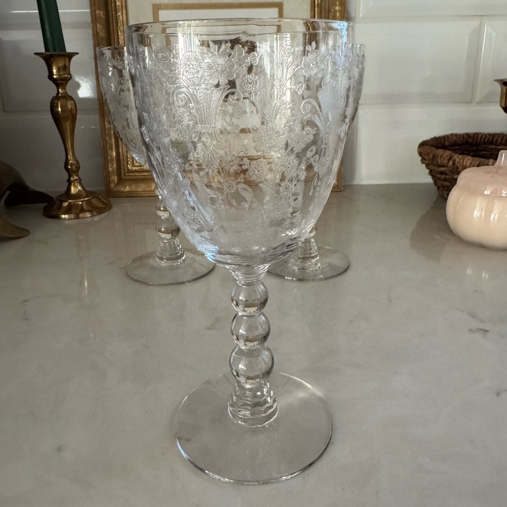 Duncan&Miller First Love Wine Goblet 6 3/4” Vintage Floral Etched Set of 3 - Picture 4 of 10